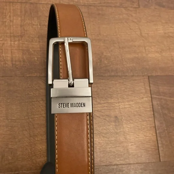 Steve Madden Brown Leather Belt Silver Buckle Reversible Black Men’s L 38/40 NWT - Picture 2 of 10